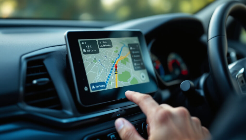 Écran Android de voiture affichant une application de navigation en plein écran