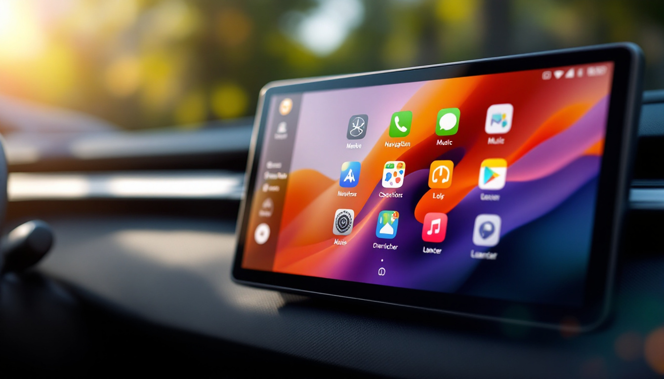 Tableau de bord de voiture avec applications écran Android voiture affichées sur l'écran d'accueil